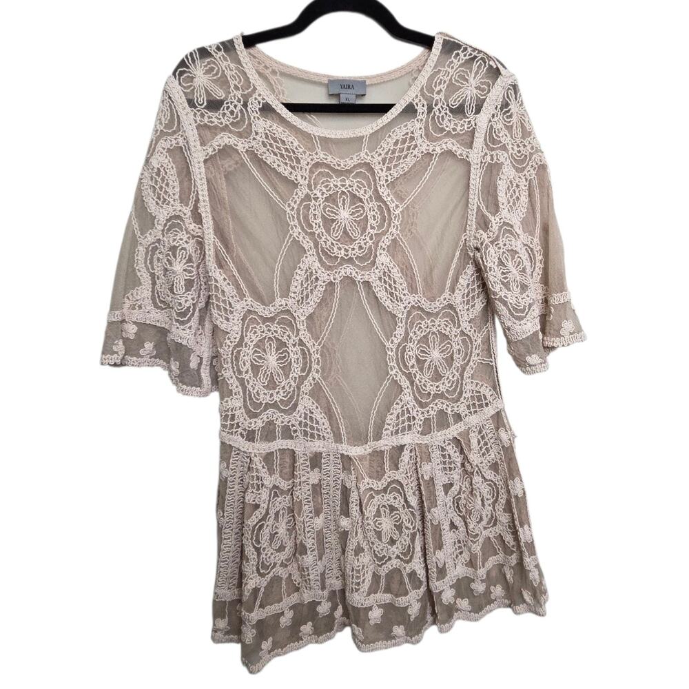 YAIRA Womens SZ XL Sheer Beige Lace Elbow Sleeve Peplum Tunic Top Shirt Boho‎